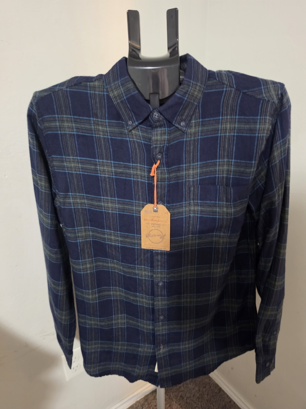 Weatherproof Navy and Green Plaid Button-Down Shirt